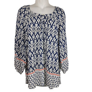 Beach Lunch Lounge Women Tunic Blouse Ikat Print 3/4 Sleeve Size XL Blue Relaxed
